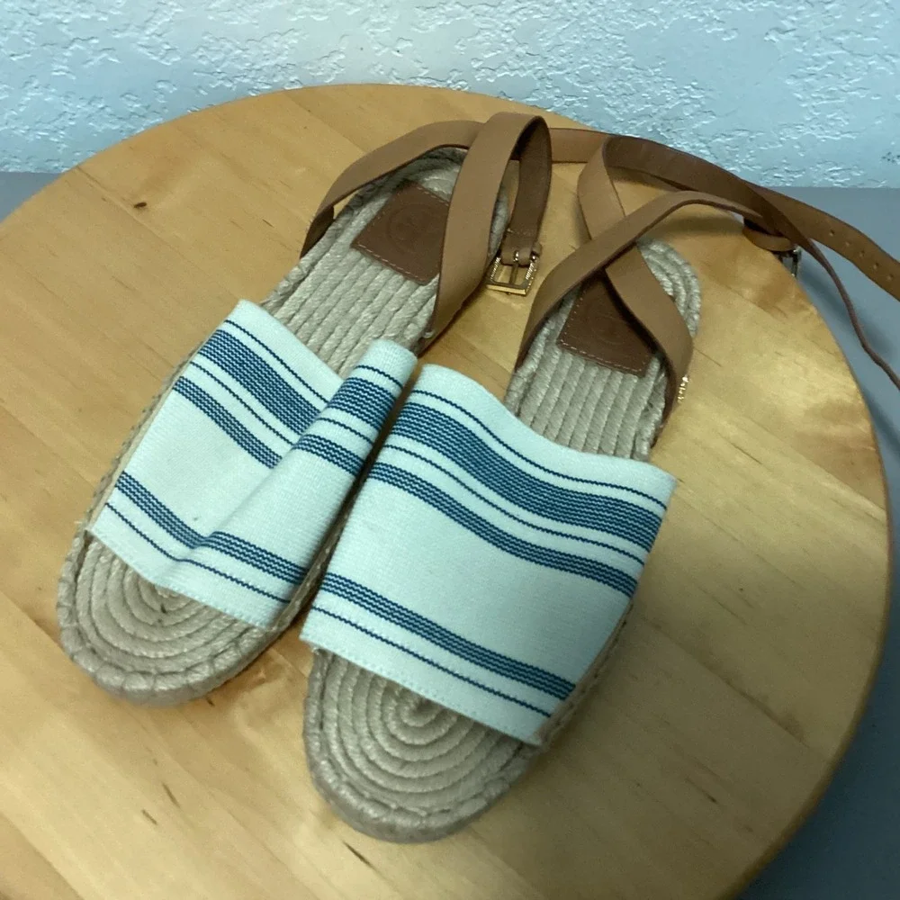 Tory Burch Striped Canvas‎ Espadrille Sandals Blue Cream Leather Ankle Strap 8